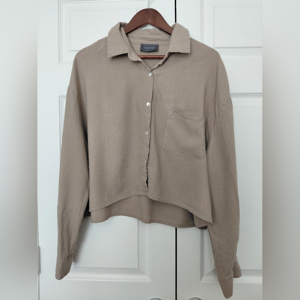 Women's Hudson Gray  Taupe Button-Down Long Sleeve Shirt Linen Blend Size L